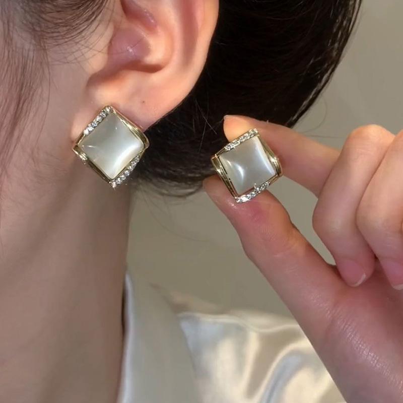 S Silver Needle Temperament Earrings Trendy Gentle Earrings Simple Square Opal Rhombus Earrings 925 sterling silver post
