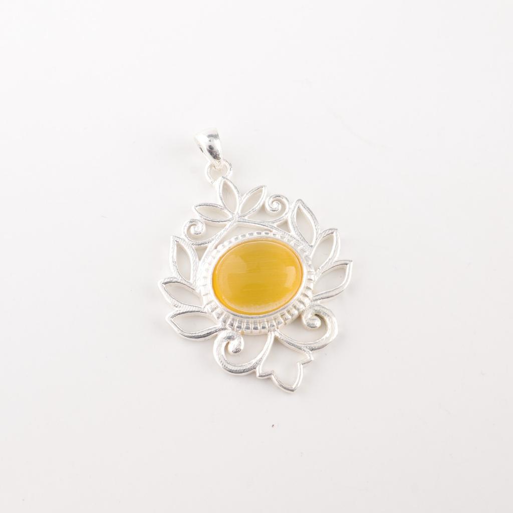 Yellow Cat's Eye Gemstone 925 Stamped Silver Jewelry Handcrafted Women Pendant CP-1-42