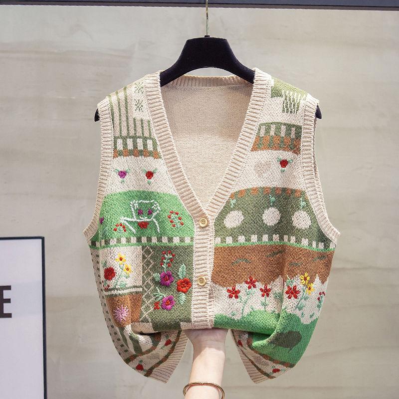 

Autumn Retro Artistic Knitted Sweater Vest Loose Casual Vest Women s Clothing Coat XXXL хакі