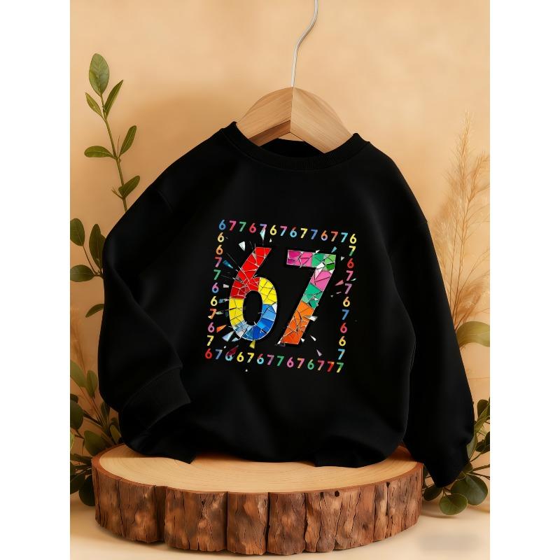 Kids Unisex Crewneck Sweatshirt, Color Broken Glass Mosaic 67 Number Frame Print Long Sleeve Pullover, Soft Sweatshirt for Boys Girls Over 4 Years Old