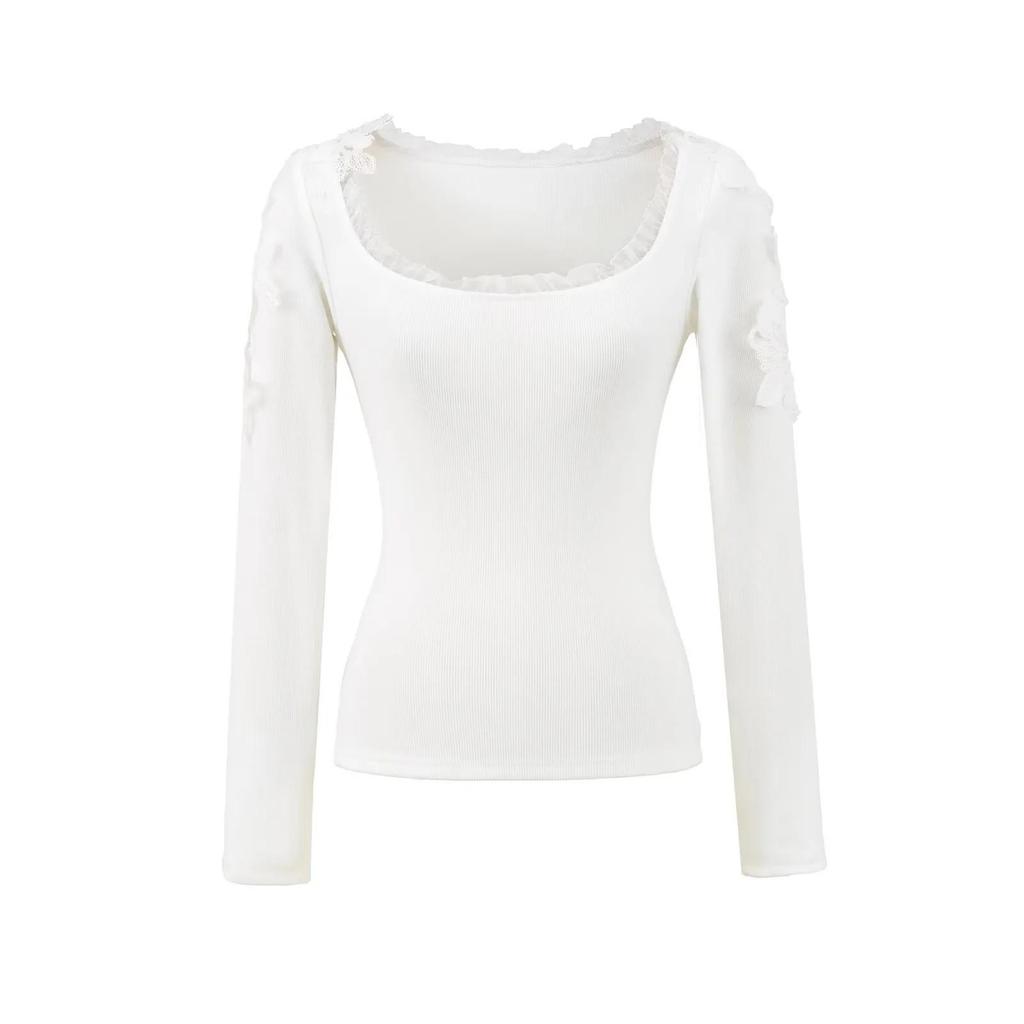 Pure Desire U-neck Lace Patchwork Fleece Long-Sleeve T-shirt for Women - Autumn/Winter Slim Fit Short Base Layer