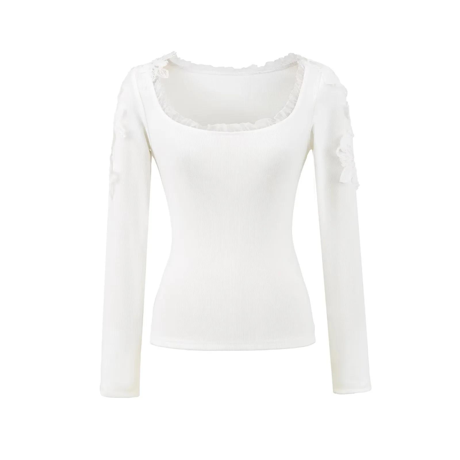 

Pure Desire U-neck Lace Patchwork Fleece Long-Sleeve T-shirt for Women - Autumn/Winter Slim Fit Short Base Layer Medium белый
