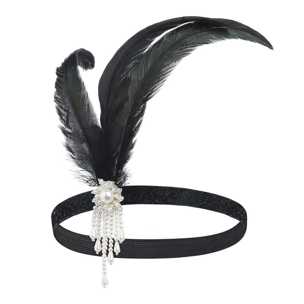 Women's Black Hair Accessories Beaded Sequin Hair Band 1920s Retro Gatsby Single Party Ladies Headwear Dress UP Feather Headband