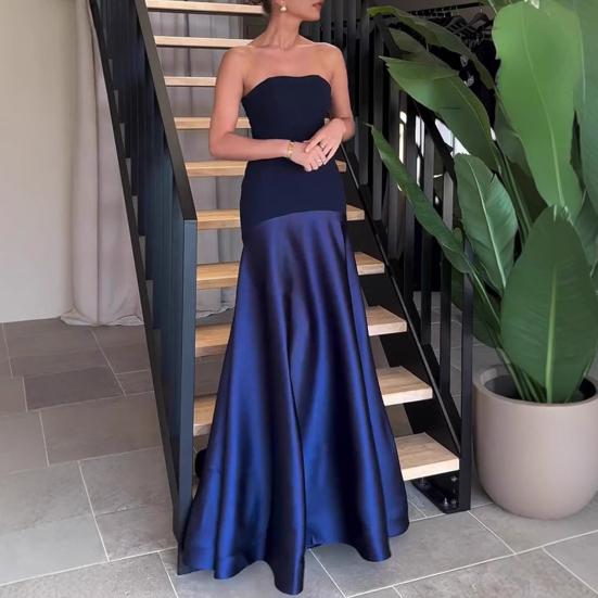 Women's Strapless Tube Top Maxi Dress Off Shoulder Patchwork Evening Dress Satin