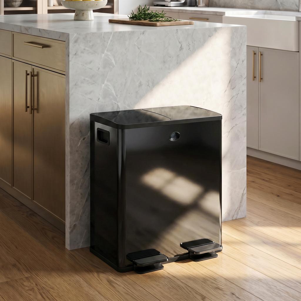 40L Dual Compartment Stainless Steel Bin, with Deodoriser Holders - Black