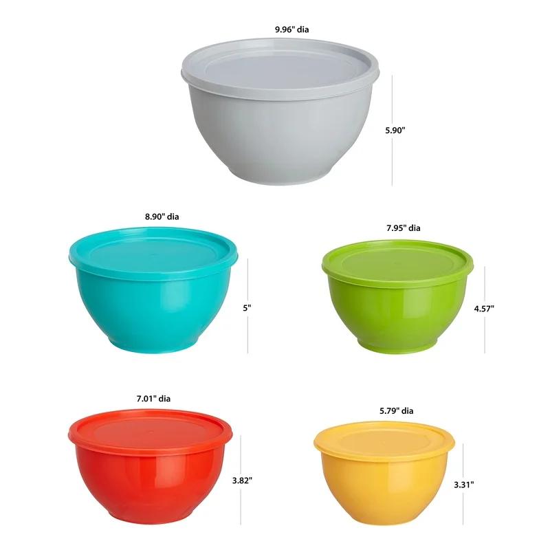 10 Pc Assorted Plastic Mixing Bowl Set with Lids Durable BPA Free Dishwasher Safe Ideal Kitchen Cooking Baking Salad
