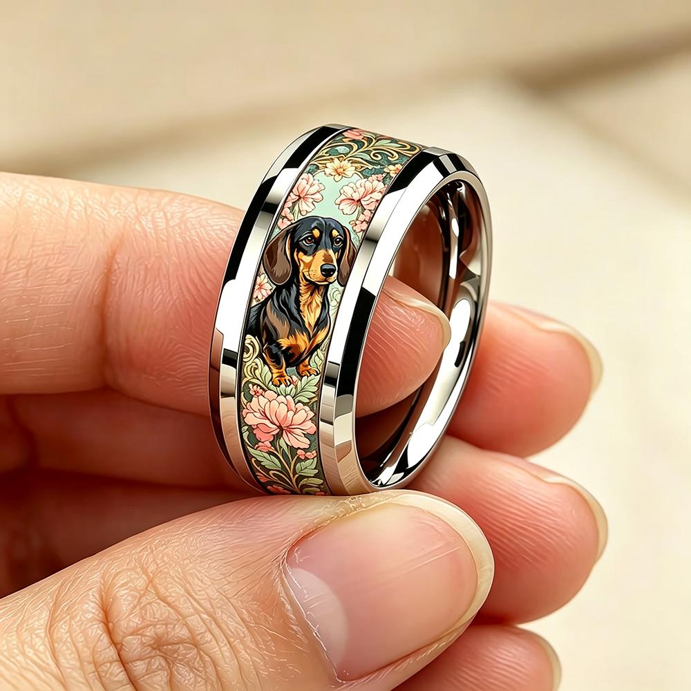 Cute Dachshund Dog Pink Floral Pattern Ring Fashion Men Stainless Steel Ring Cute Pet Daily Wear Stackable Ring Wedding Jewelry