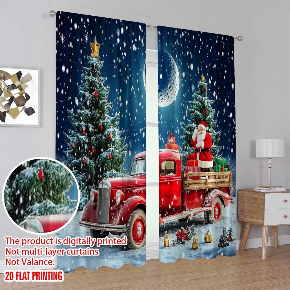 Set Of 2 Flat Printing Dark Blue Sky Christmas Snow Scenery Curtains Santa Claus Tree Bedroom Bathroom Living Curtain Polyester Perfect For Sleeping