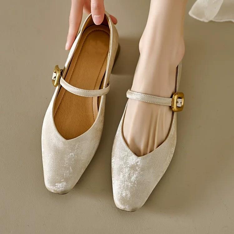 ins national style new Chinese style! French single shoes women's square head low heel ballet shoes retro one-word buckle Mary Jane shoes