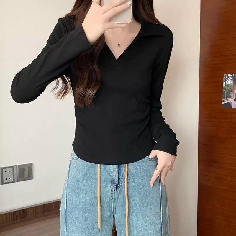 Korean Style Polo Collar Long-sleeved Mask T-shirt for Women In Autumn and Winter New Design Pleated Waist Unique and Unique Bottoming Shirt