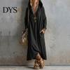 Damen Taschenkleider Langarm Kapuzenkleid, Lässiges Lockeres Boho Maxikleid in Unifarben für den frühen Herbst, V-Ausschnitt mit Taschen V-Ausschnitt