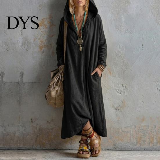 Damen Taschenkleider Langarm Kapuzenkleid, Lässiges Lockeres Boho Maxikleid in Unifarben für den frühen Herbst, V-Ausschnitt mit Taschen V-Ausschnitt