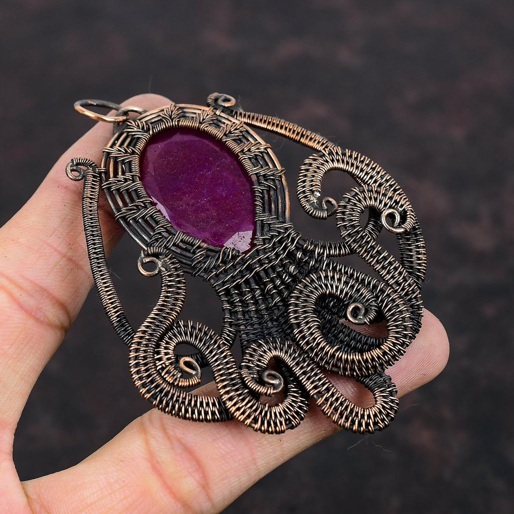 Faceted Kashmir Ruby Pendant Copper Wire Wrapped Pendant Handmade Octopus Pendant Genuine Gemstone Pendant Gift For Her Copper Wire Jewelry