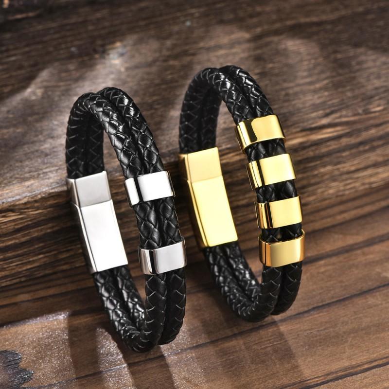 Stainless Steel Engraved Name Bracelet Men Minimalist Double Layer Leather Woven Black Adjustable