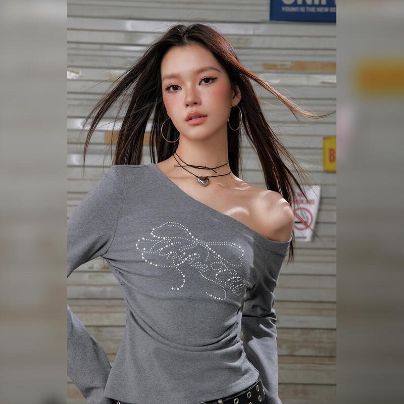 UNIFREE Y2K Oblique Shoulder Rhinestone Slim Fit Long Sleeve T-Shirt