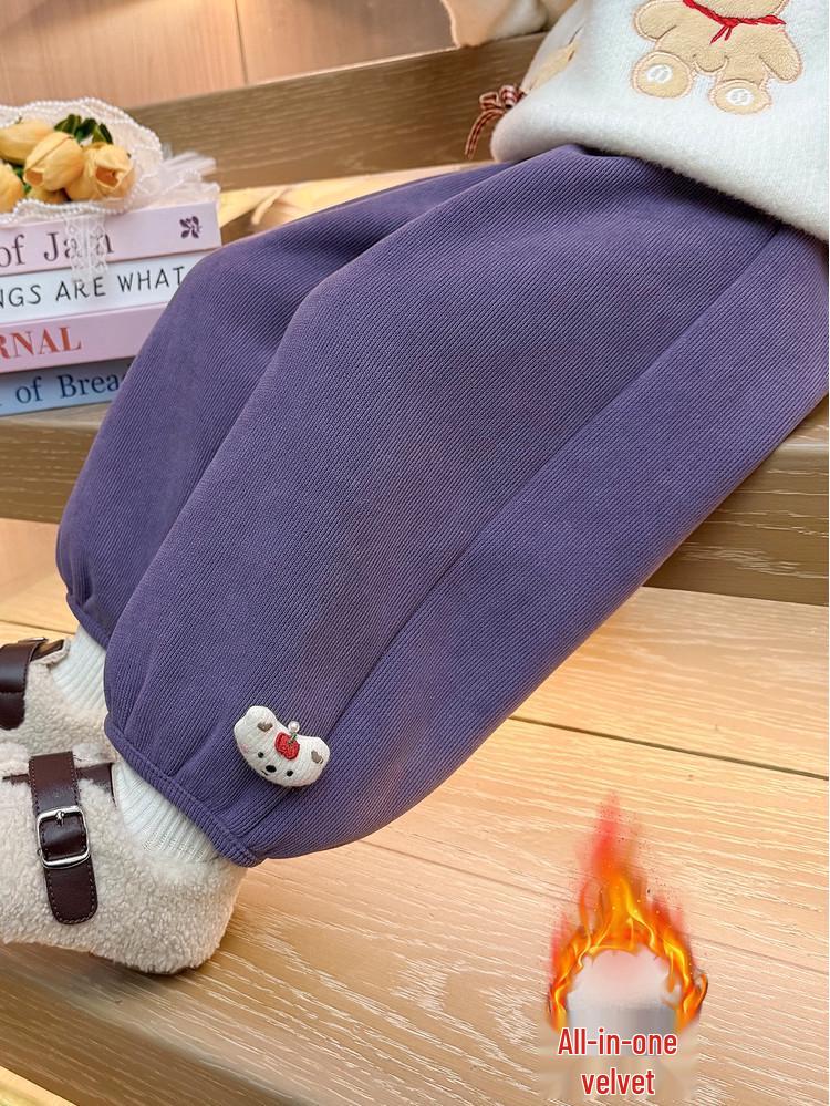 Meng Tang Tang Girls' Plus Velvet Cartoon Pants - Stylish Winter Wear for Kids