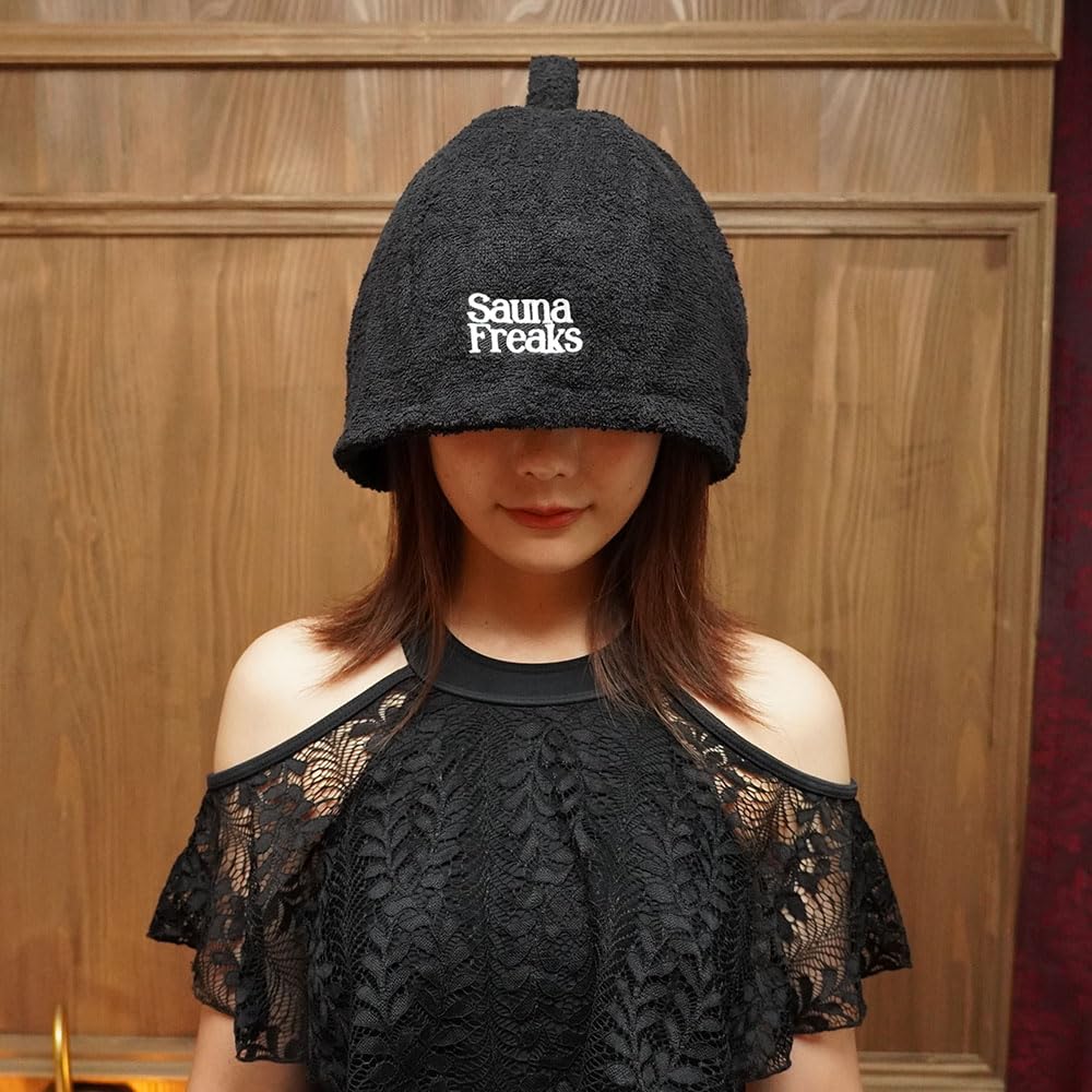 Sauna Freaks Sauna Hat, Cotton, Deep Coverage, Washable, Dryer Safe, Oversized, Stylish, Anti-Fever, Navy (Black) for Men and Women