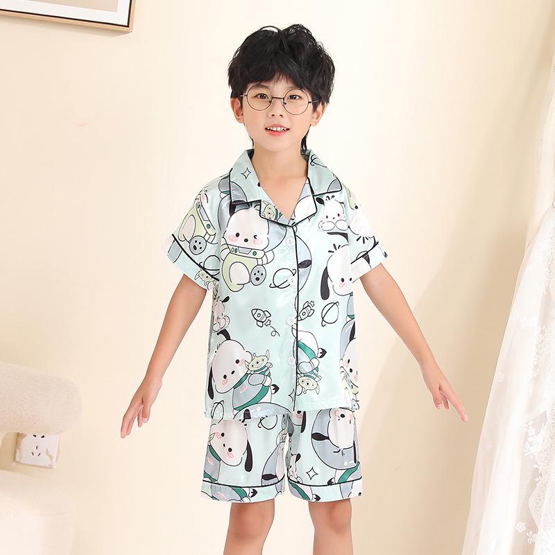 Ice Silk Summer Pajamas Set for Kids - Short Sleeve & Long Pants