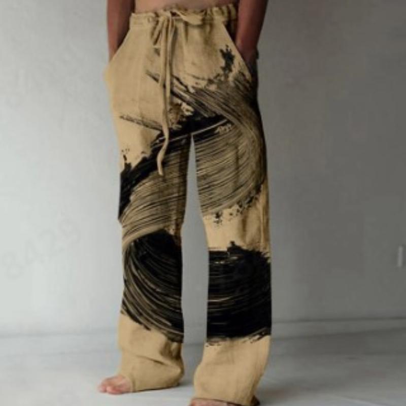 Módní pánské kalhoty 3D digitální potisk pohodlné plátěné široké kalhoty trend univerzální rovné kalhoty