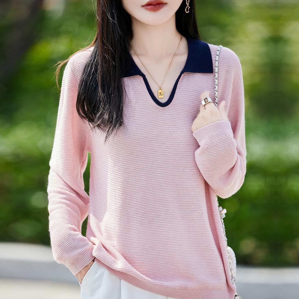 Spring and Autumn New Lapel Knitted Sweater Long-sleeved Women's Two-color Collar Loose Pullover Base Layer Top Sweater