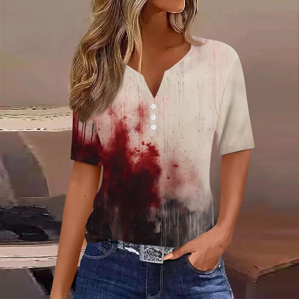 Women's T Shirt Halloween Print Button Short Sleeve Daily Weekend Fashion Basic V- Neck Regular Top