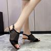 Fashion New Cutout Rhinestone Mesh Breathable Sandals Women's Summer Square Toe Open Toe Back Empty Square Heel Pump Shoes