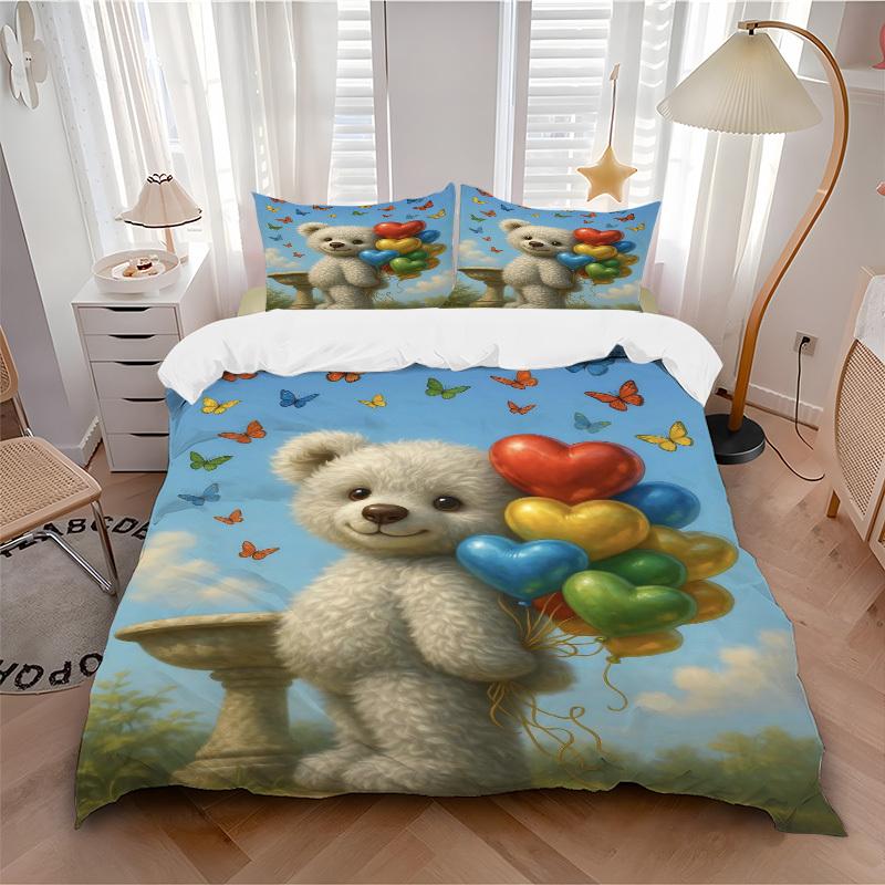 3pcs Anime Teddy Bear Balloons Butterflies Bedding Set - Includes One Quilt Cover and Two Pillowcases (No Core) - Polyester Fabric, Perfect