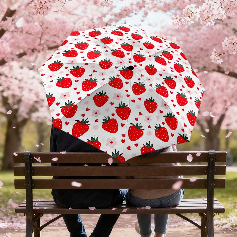 1pc Strawberry Heart Pattern Umbrella Design Automatic Opening and Closing Umbrella, High-quality Travel Umbrella,  C1128042