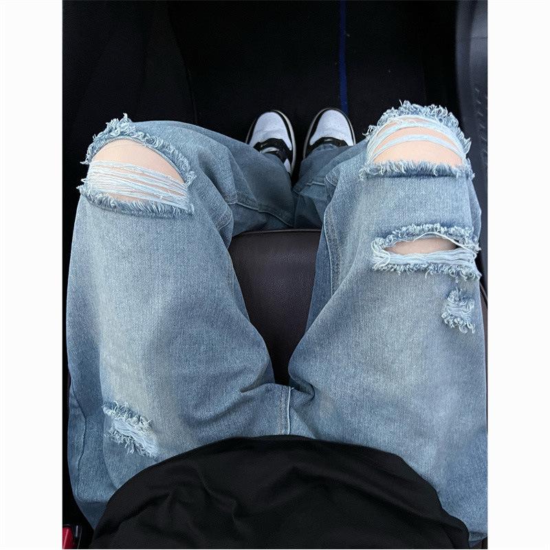Ground and ripped retro jeans European and American hiphop fried street pants men's niche design casual pants trendy brand