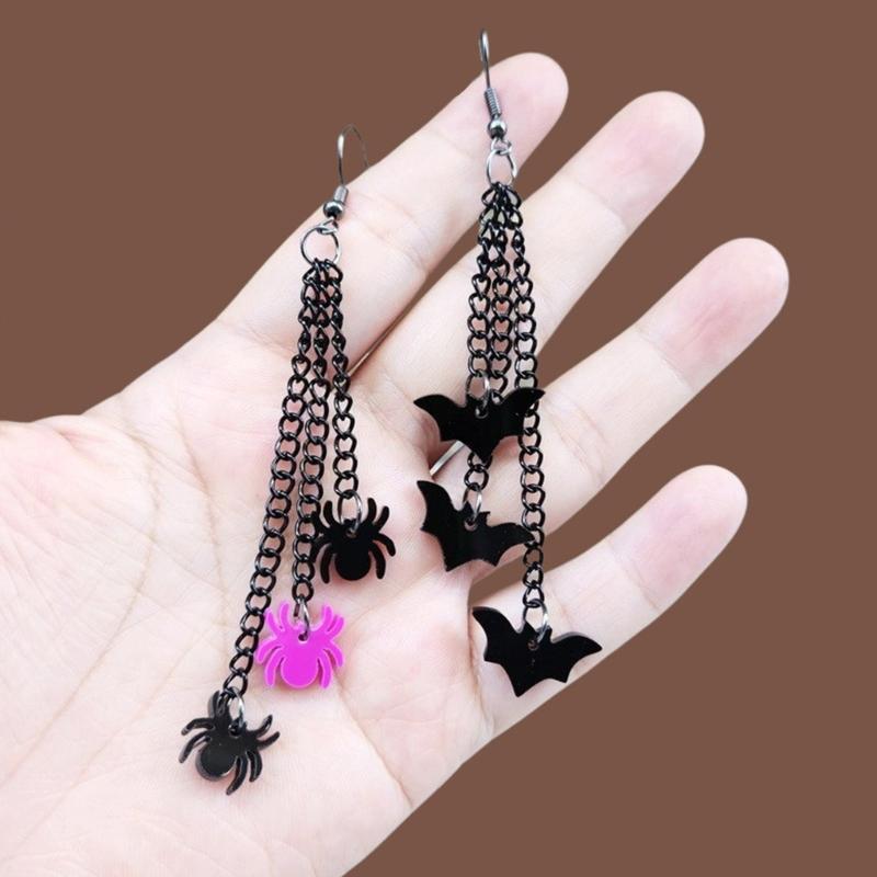 Skull Black Chain Earrings Halloween Ear Drop Earrings Stud Halloween Costume Accessories Hip Hop Ear Piercing Jewelry