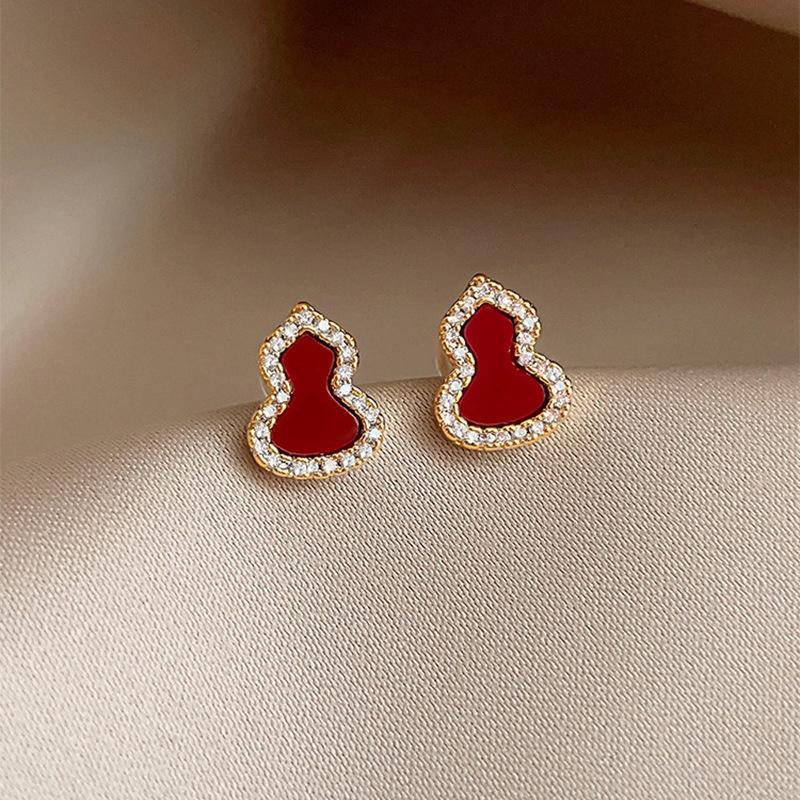 18k New Chinese Simple Zircon Gourd Stud Earrings Niche Earrings Fashionable Versatile Earrings