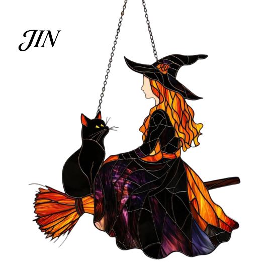 Retro Fantasy Window Hanging Vintage Halloween Cat Witch Decoration, Acrylic Ornaments, Black Decor Rustic Farmhouse Tree Decor, Party Supplies