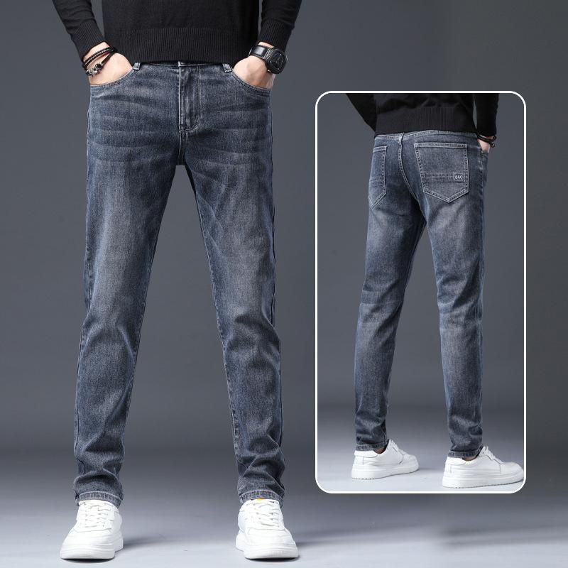 Spring And Autumn Winter New Men'S Plush/Regular Jeans Slimming Straight Stretch Business Versatile Long Pants