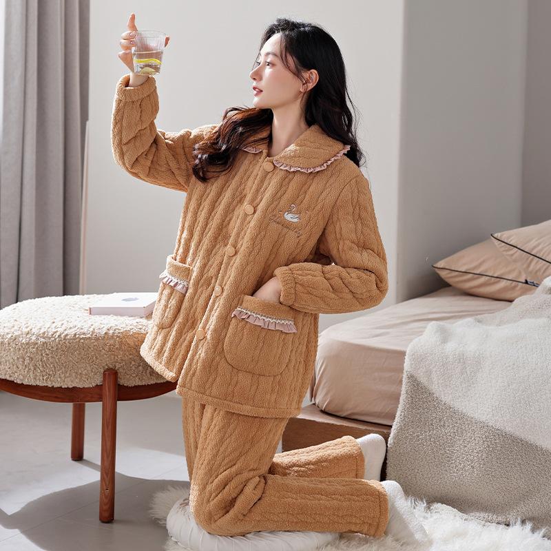 Winter Women'S Three-Layer Padded Pajamas, Winter Large-Size Set, Coral Fleece Fleece Thickened Loungewear