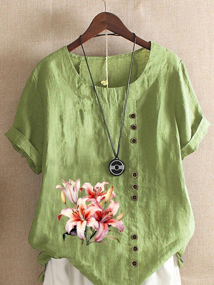 

Women s Fashion Flower Printing Shot Sleeve T-shirt Loose Cotton Shirt Casual Loose Summer Blouse Tops Plus Size 5XL зелений