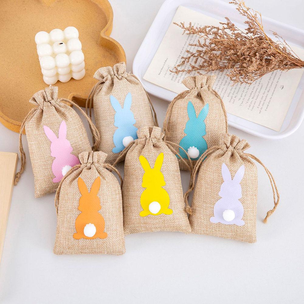 6pcs Easter Bunny Tail HAPPY EAST Party Candy Box Linen Drawstring Bundle Pocket Gift Basket