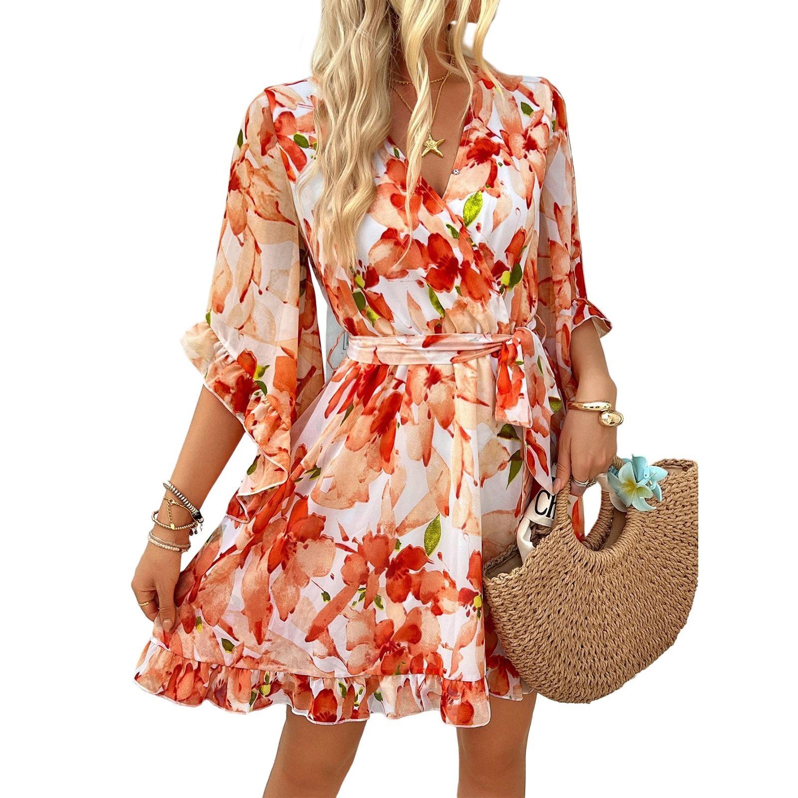 

Женские винтажные цветочные повседневные платья-туники с V-образным вырезом и коротким рукавом M оранжевый