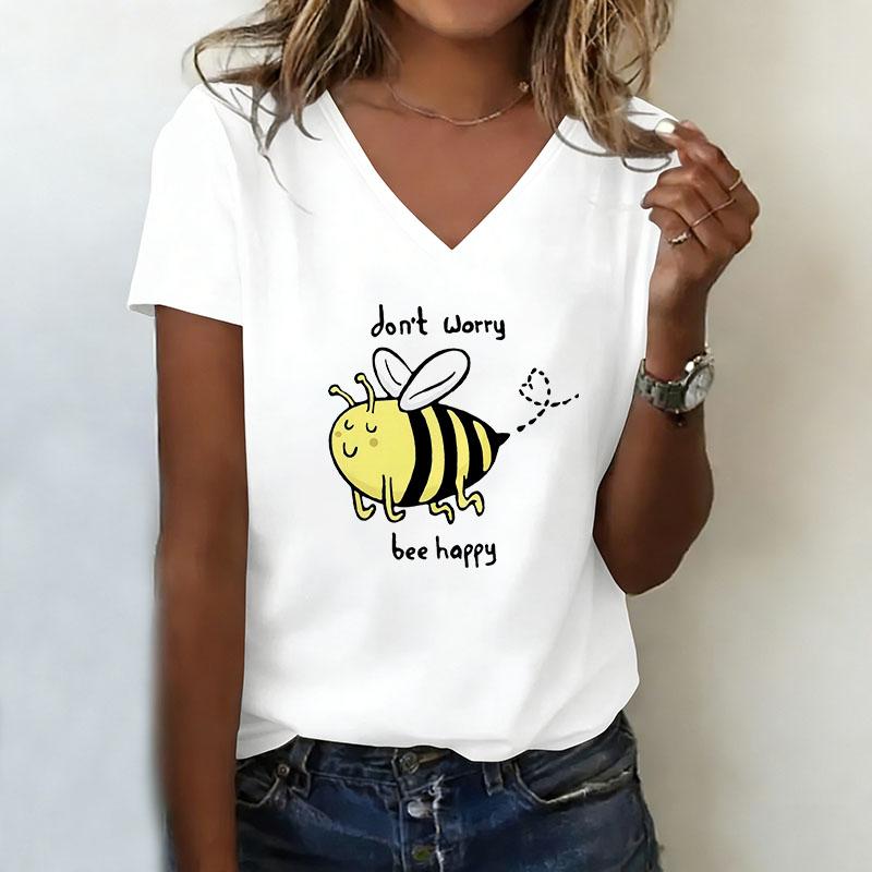 Fashion animal print T-shirt for women, short sleeved V-neck XS