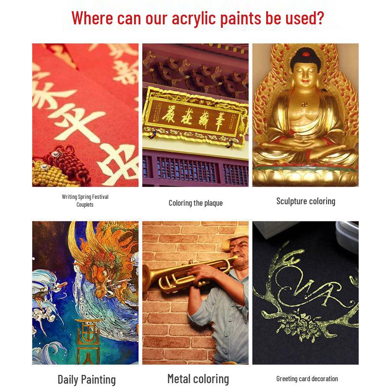Meibang Metallic Acrylic Paint Set - Red Copper, Bronze, Silver, Buddha Light Golden Yellow 
