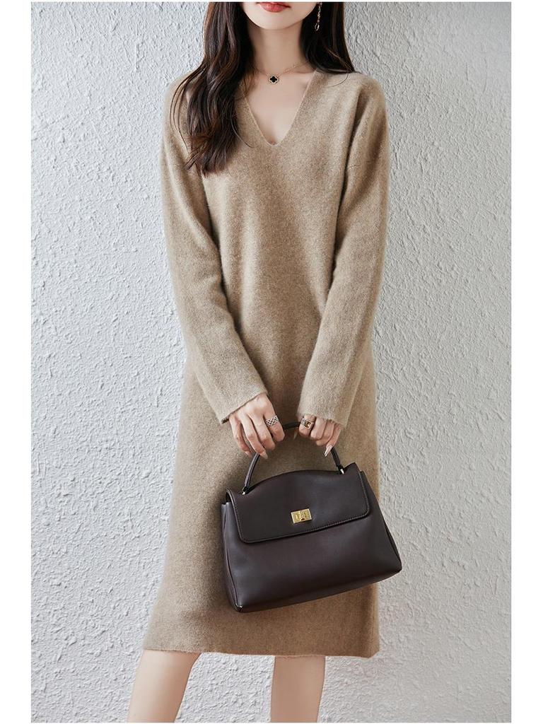 2025 Nowa Koreańska Sukienka Wełniana Dzianinowa o Długości Midi z Dekoltem V na Jesień i Zimę