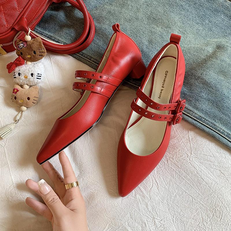 

Осень 2025 новые туфли-лодочки с острым носком, на толстом каблуке, с темпераментными заклепками, женские французские туфли на среднем каблуке, туфли Мэри Джейн с неглубоким вырезом 42 красный