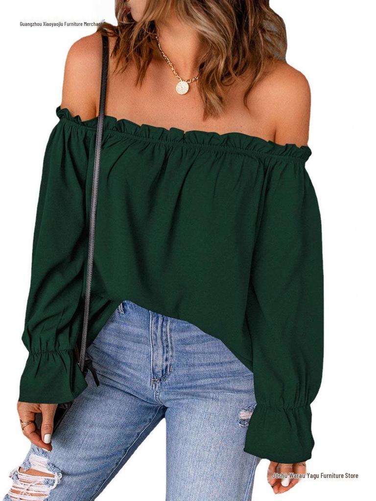 Women's Off-the-Shoulder Chiffon Blouse - European and American Style, Solid Color Pullover for Spring and Autumn, Sexy & Elegant.