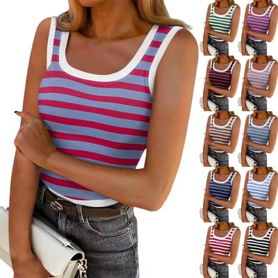 Women's Ribbed Vest Sleeveless Striped Knit U Neck Shirt Summer Casual Tank Top