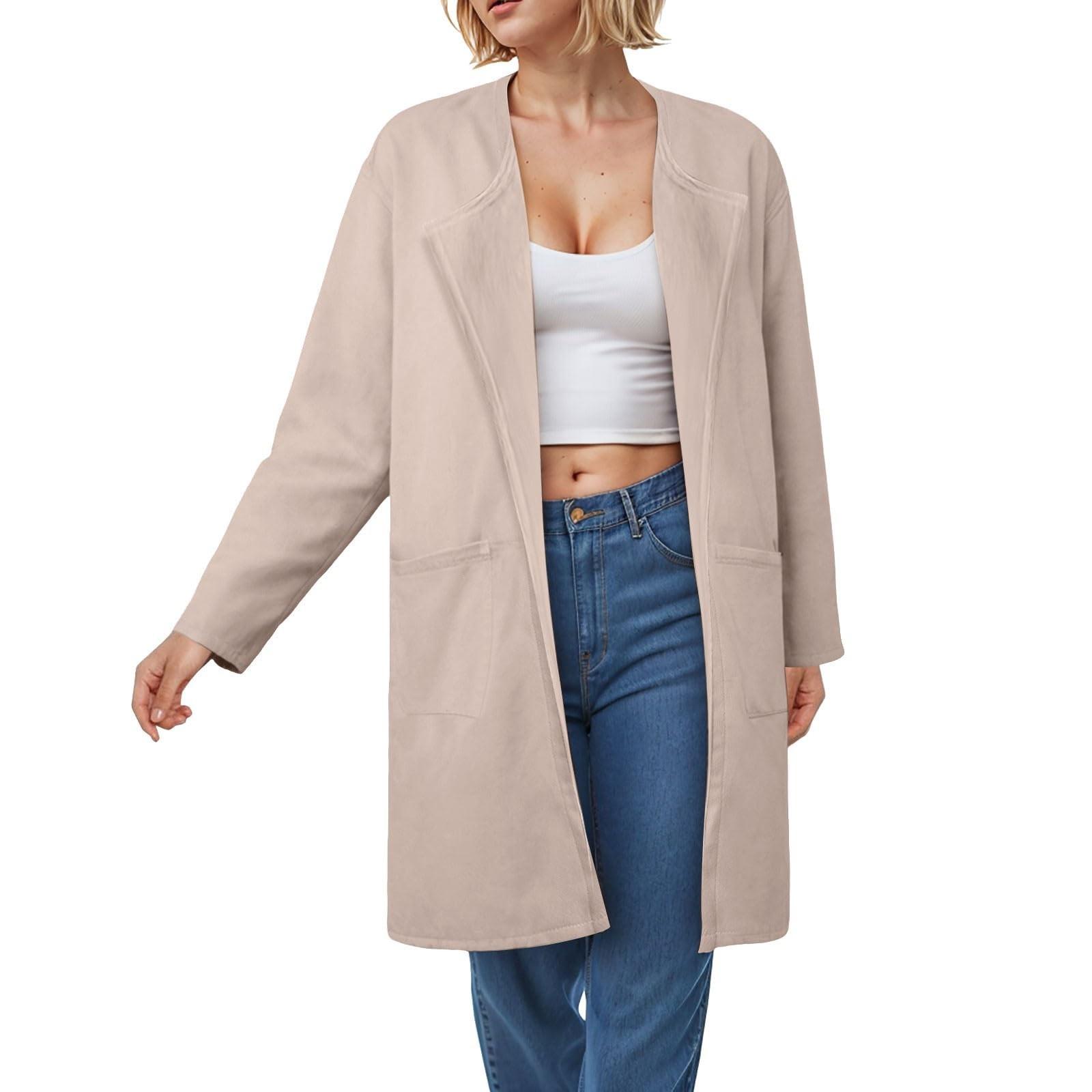 

Женский однотонный кардиган с лацканами, твидовое хлопковое пальто, куртка с длинными рукавами и карманом L бежевый