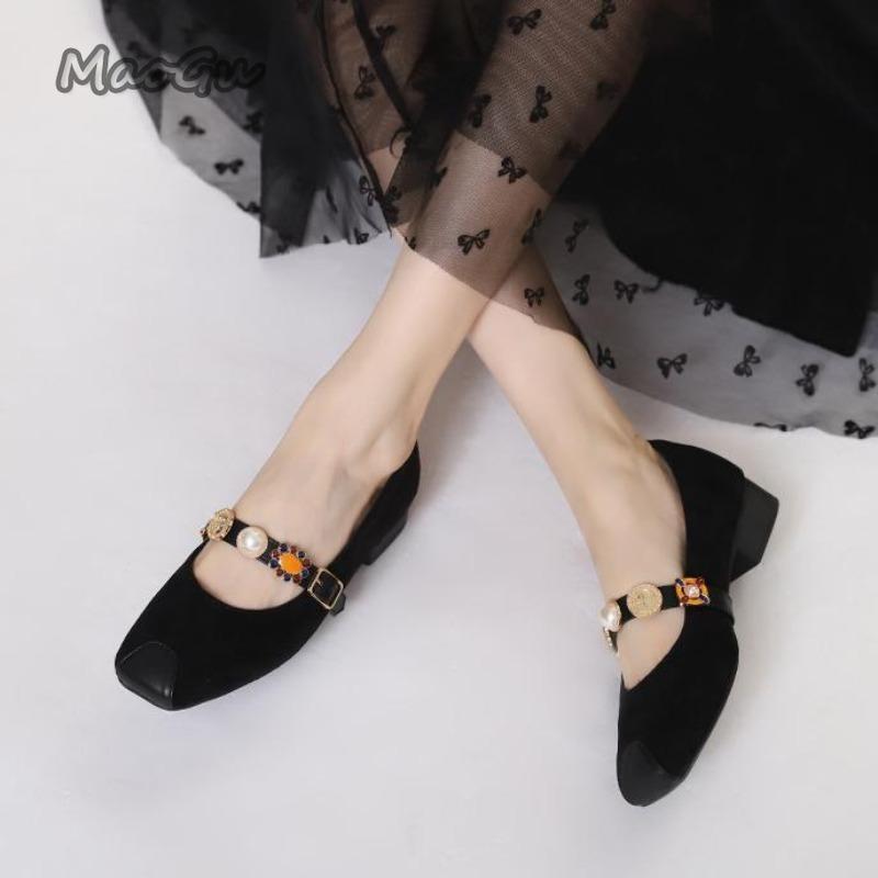 Fashion French Retro Suede Single Shoes for Women Office Ladies Low Heel Pumps Pearl Strap Mary Jane Shoes Size 35-43 Zapatos De Mujer