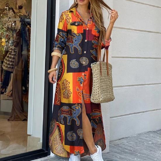Women Fashion Long Sleeve Printed Pockets Buttons Party Beach Maxi Shirt Dress