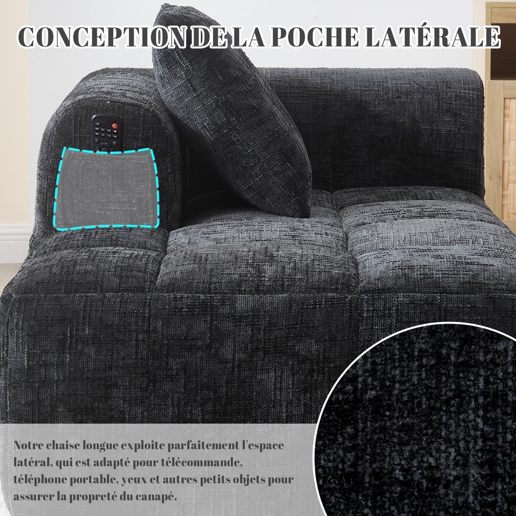 Comfortable Chaise Longue Sofa, No Assembly Required, Soft Sofa with Cushion, Side Pockets for Remote Control, Mobile Phone, Neat and Stylish, Black