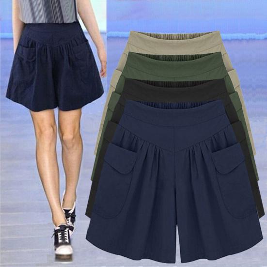 Women Shorts Elastic High Waist Wide Leg Casual Short Pants with Pockets Solid Color Loose Fit Casual