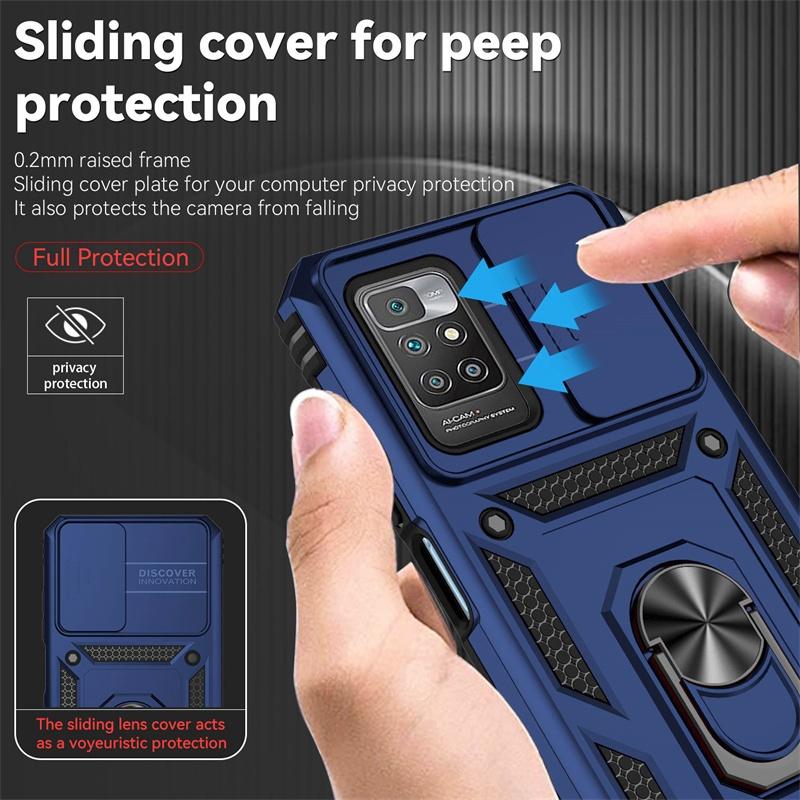 Shockproof Armor Case For Xiaomi Redmi 10 10C 10A 9C 9A 11A 12C Slide Camera Lens Protective Cover Ring Stand Holder Funda Coque