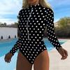 Women Long Sleeve One Piece Swimsuit Zip Front  Floral Stripes  Print Rash Guard Surfing Bathing Suit